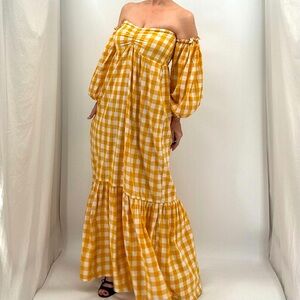 Juliana Florez Romantic Feminine Gingham Plaid Bishop Sleeve Tiered Maxi Dress